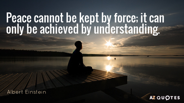 Albert Einstein cita: La paz no puede mantenerse por la fuerza; sólo puede lograrse mediante el entendimiento.