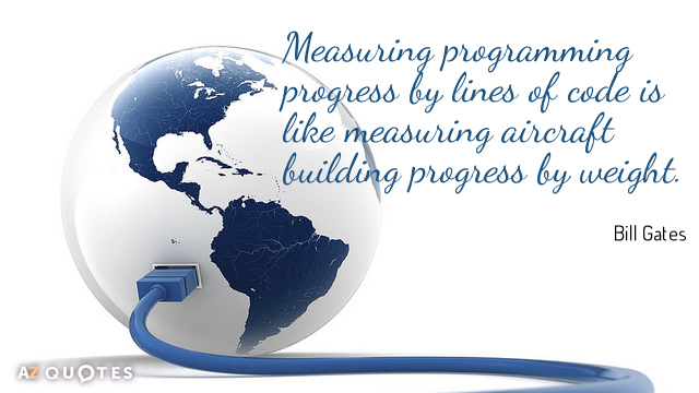 Bill Gates cita: Medir el progreso de la programación por líneas de código es como medir el progreso de la construcción de aviones...