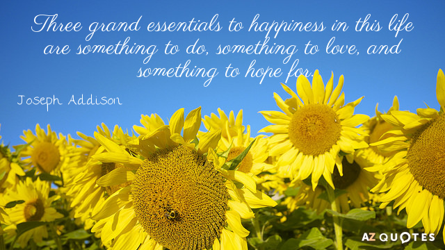 Cita de Joseph Addison: Tres grandes esenciales para la felicidad en esta vida son algo que hacer, algo...