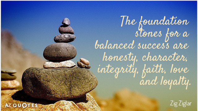 Zig Ziglar cita: Los cimientos de un éxito equilibrado son la honradez, el carácter, la integridad, la fe, el amor...