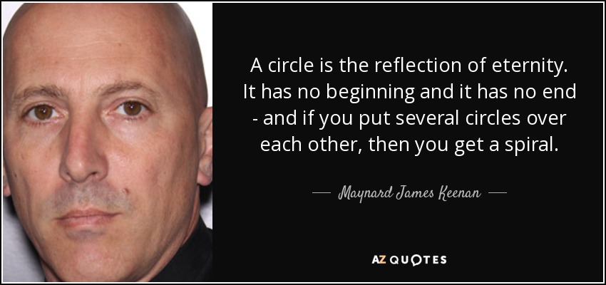 A circle is the reflection of eternity. It has no beginning and it has no end - and if you put several circles over each other, then you get a spiral. - Maynard James Keenan