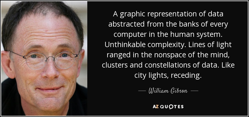 A graphic representation of data abstracted from the banks of every computer in the human system. Unthinkable complexity. Lines of light ranged in the nonspace of the mind, clusters and constellations of data. Like city lights, receding. - William Gibson