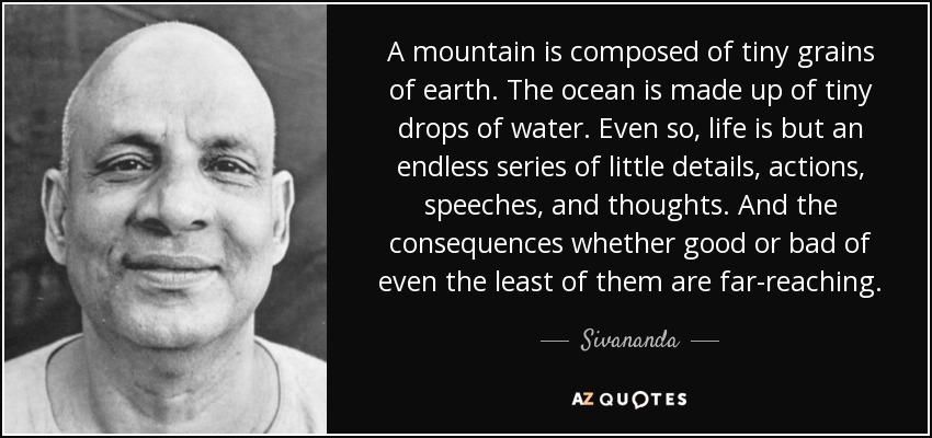 A mountain is composed of tiny grains of earth. The ocean is made up of tiny drops of water. Even so, life is but an endless series of little details, actions, speeches, and thoughts. And the consequences whether good or bad of even the least of them are far-reaching. - Sivananda