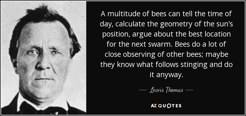 Una multitud de abejas puede saber la hora del día, calcular la geometría de la posición del sol, discutir sobre el mejor lugar para el próximo enjambre. Las abejas observan de cerca a otras abejas; quizá saben lo que sigue a la picadura y lo hacen de todos modos. - Lewis Thomas