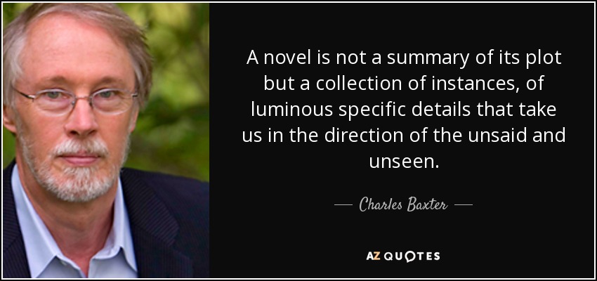 A novel is not a summary of its plot but a collection of instances, of luminous specific details that take us in the direction of the unsaid and unseen. - Charles Baxter