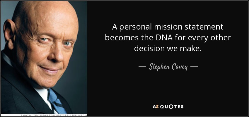 A personal mission statement becomes the DNA for every other decision we make. - Stephen Covey