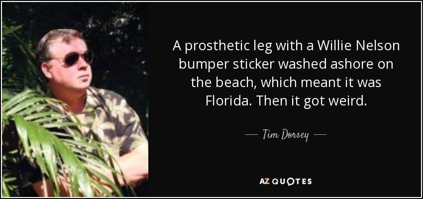 A prosthetic leg with a Willie Nelson bumper sticker washed ashore on the beach, which meant it was Florida. Then it got weird. - Tim Dorsey