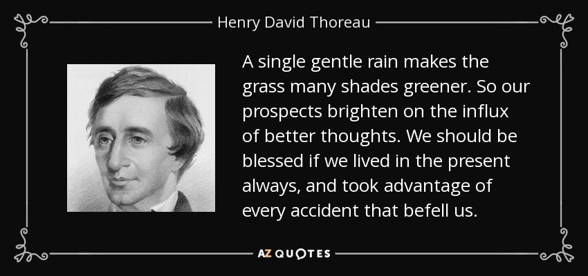 A single gentle rain makes the grass many shades greener. So our prospects brighten on the influx of better thoughts. We should be blessed if we lived in the present always, and took advantage of every accident that befell us. - Henry David Thoreau