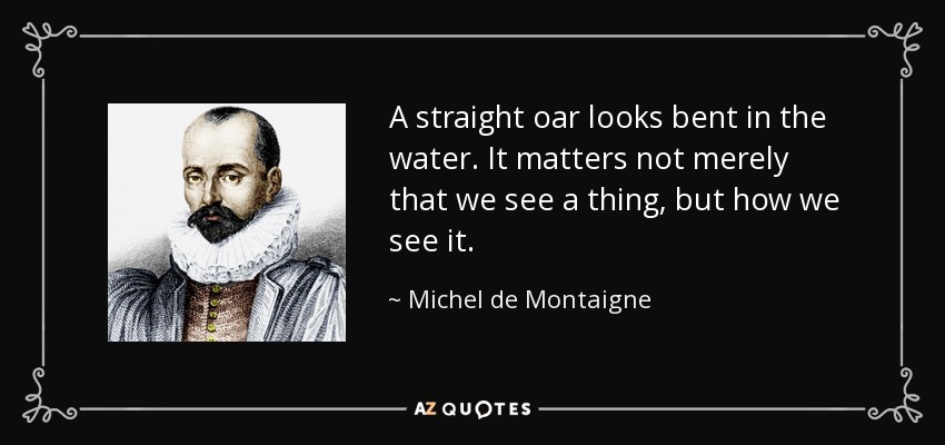 A straight oar looks bent in the water. It matters not merely that we see a thing, but how we see it. - Michel de Montaigne
