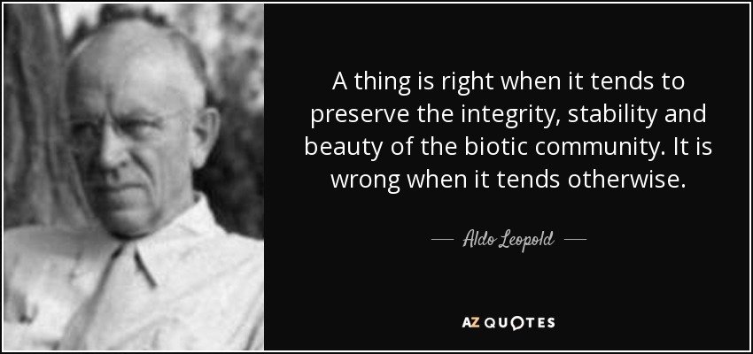 A thing is right when it tends to preserve the integrity, stability and beauty of the biotic community. It is wrong when it tends otherwise. - Aldo Leopold