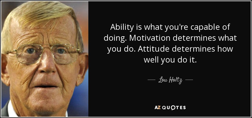 Ability is what you're capable of doing. Motivation determines what you do. Attitude determines how well you do it. - Lou Holtz