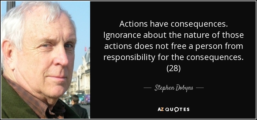 Actions have consequences. Ignorance about the nature of those actions does not free a person from responsibility for the consequences. (28) - Stephen Dobyns