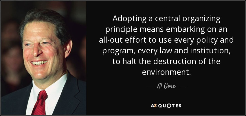 Adopting a central organizing principle means embarking on an all-out effort to use every policy and program, every law and institution, to halt the destruction of the environment. - Al Gore