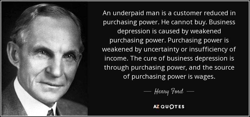 An underpaid man is a customer reduced in purchasing power. He cannot buy. Business depression is caused by weakened purchasing power. Purchasing power is weakened by uncertainty or insufficiency of income. The cure of business depression is through purchasing power, and the source of purchasing power is wages. - Henry Ford