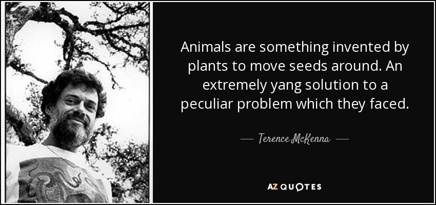 Animals are something invented by plants to move seeds around. An extremely yang solution to a peculiar problem which they faced. - Terence McKenna