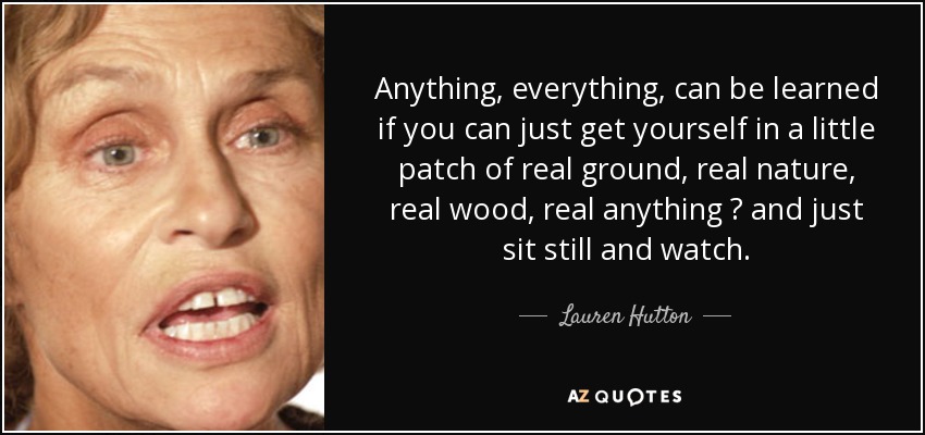 Anything, everything, can be learned if you can just get yourself in a little patch of real ground, real nature, real wood, real anything ? and just sit still and watch. - Lauren Hutton