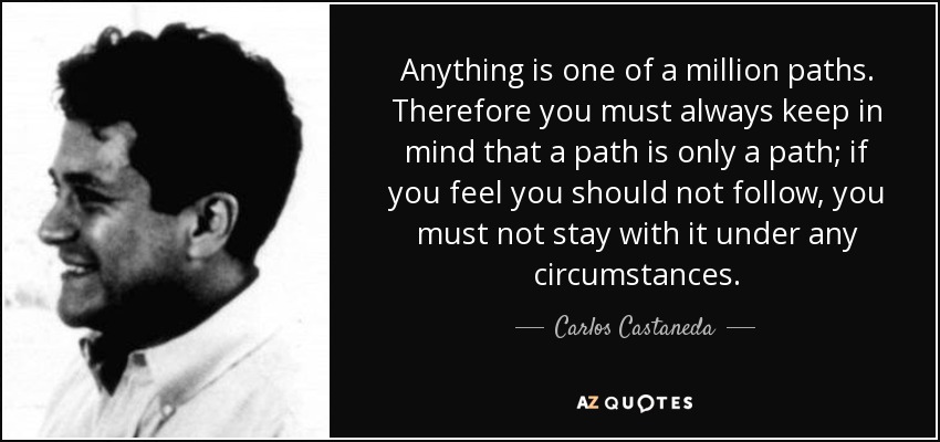Anything is one of a million paths. Therefore you must always keep in mind that a path is only a path; if you feel you should not follow, you must not stay with it under any circumstances. - Carlos Castaneda