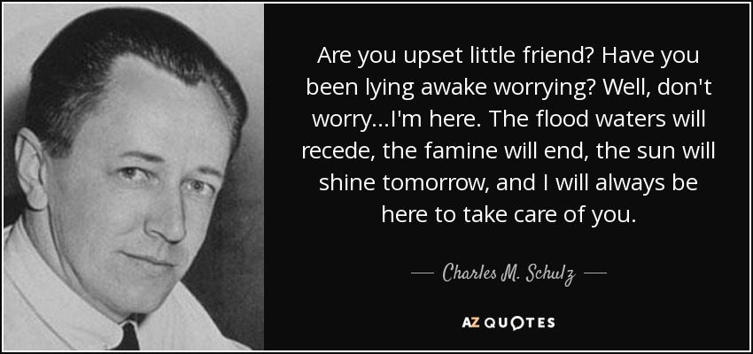 Are you upset little friend? Have you been lying awake worrying? Well, don't worry...I'm here. The flood waters will recede, the famine will end, the sun will shine tomorrow, and I will always be here to take care of you. - Charles M. Schulz