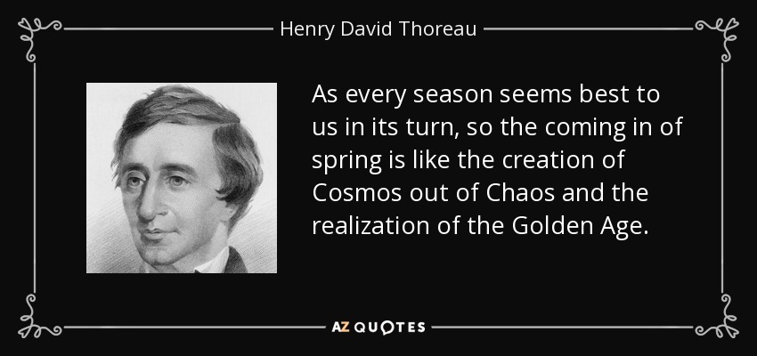 As every season seems best to us in its turn, so the coming in of spring is like the creation of Cosmos out of Chaos and the realization of the Golden Age. - Henry David Thoreau