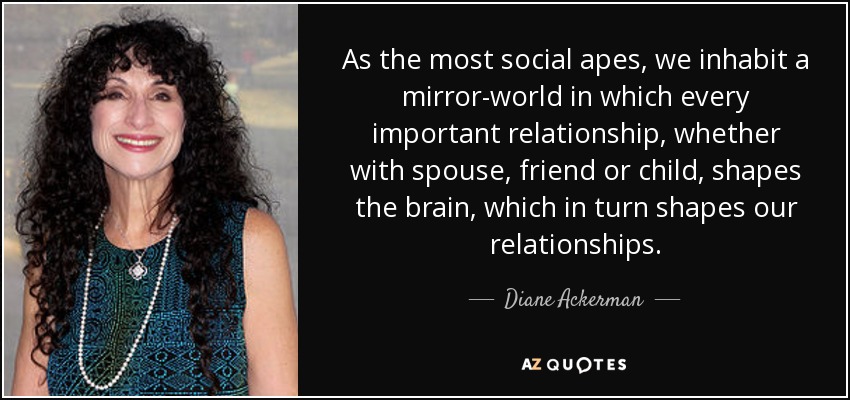 Como los simios más sociales, habitamos un mundo-espejo en el que cada relación importante, ya sea con el cónyuge, un amigo o un hijo, moldea el cerebro, que a su vez moldea nuestras relaciones. - Diane Ackerman