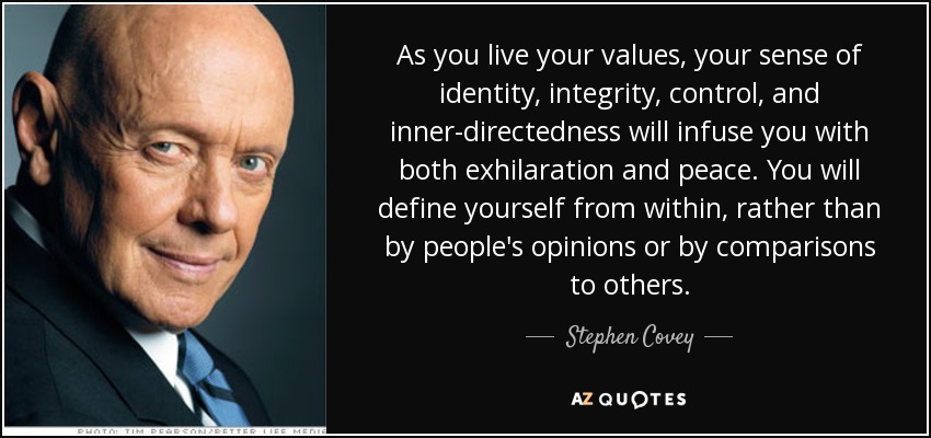 As you live your values, your sense of identity, integrity, control, and inner-directedness will infuse you with both exhilaration and peace. You will define yourself from within, rather than by people's opinions or by comparisons to others. - Stephen Covey