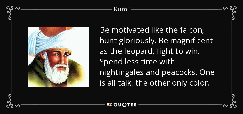 Be motivated like the falcon, hunt gloriously. Be magnificent as the leopard, fight to win. Spend less time with nightingales and peacocks. One is all talk, the other only color. - Rumi
