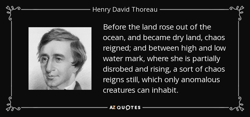 Before the land rose out of the ocean, and became dry land, chaos reigned; and between high and low water mark, where she is partially disrobed and rising, a sort of chaos reigns still, which only anomalous creatures can inhabit. - Henry David Thoreau