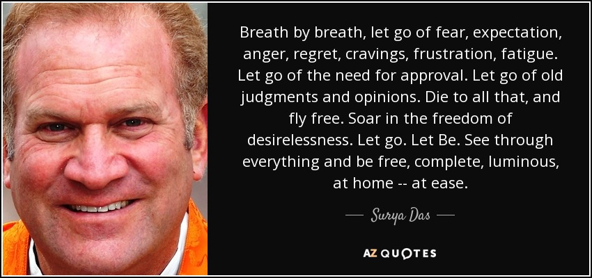 Breath by breath, let go of fear, expectation, anger, regret, cravings, frustration, fatigue. Let go of the need for approval. Let go of old judgments and opinions. Die to all that, and fly free. Soar in the freedom of desirelessness. Let go. Let Be. See through everything and be free, complete, luminous, at home -- at ease. - Surya Das