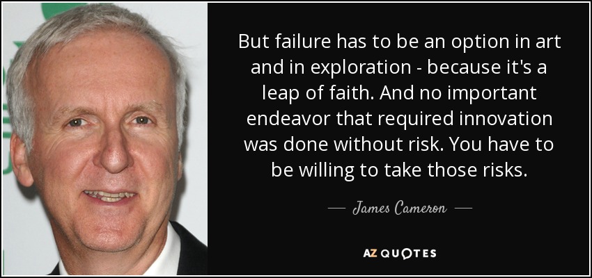 But failure has to be an option in art and in exploration - because it's a leap of faith. And no important endeavor that required innovation was done without risk. You have to be willing to take those risks. - James Cameron