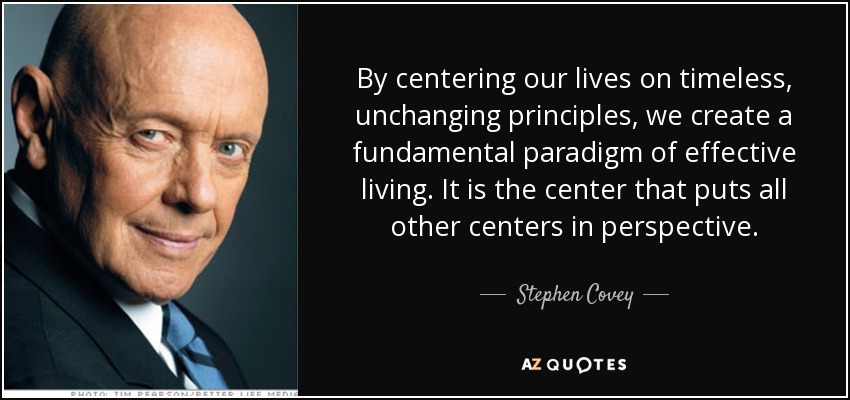 By centering our lives on timeless, unchanging principles, we create a fundamental paradigm of effective living. It is the center that puts all other centers in perspective. - Stephen Covey