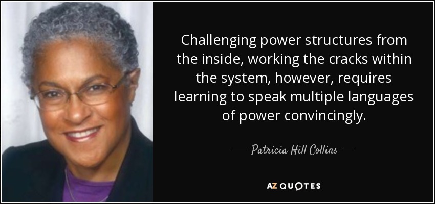 Challenging power structures from the inside, working the cracks within the system, however, requires learning to speak multiple languages of power convincingly. - Patricia Hill Collins