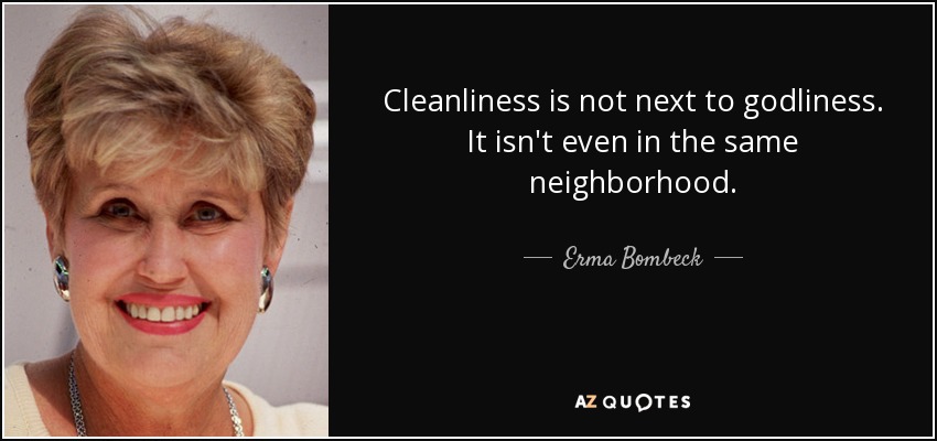 Cleanliness is not next to godliness. It isn't even in the same neighborhood. - Erma Bombeck