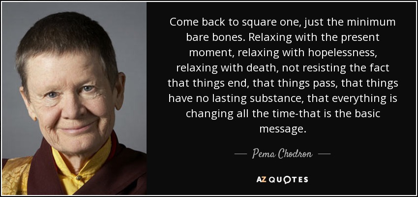 Come back to square one, just the minimum bare bones. Relaxing with the present moment, relaxing with hopelessness, relaxing with death, not resisting the fact that things end, that things pass, that things have no lasting substance, that everything is changing all the time-that is the basic message. - Pema Chodron