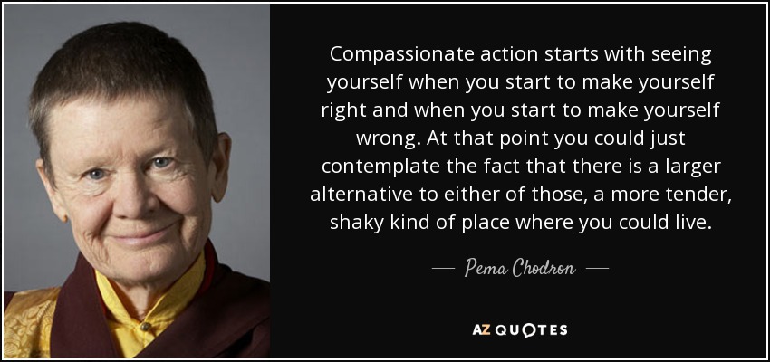 Compassionate action starts with seeing yourself when you start to make yourself right and when you start to make yourself wrong. At that point you could just contemplate the fact that there is a larger alternative to either of those, a more tender, shaky kind of place where you could live. - Pema Chodron