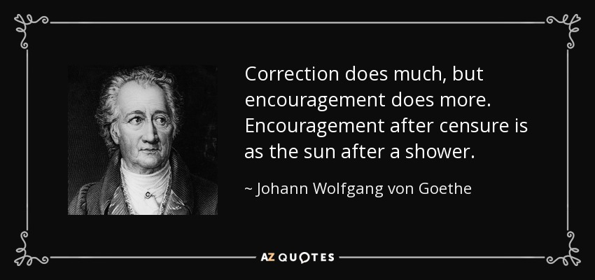 Correction does much, but encouragement does more. Encouragement after censure is as the sun after a shower. - Johann Wolfgang von Goethe