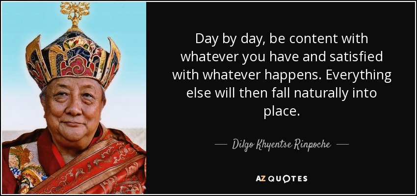Day by day, be content with whatever you have and satisfied with whatever happens. Everything else will then fall naturally into place. - Dilgo Khyentse Rinpoche