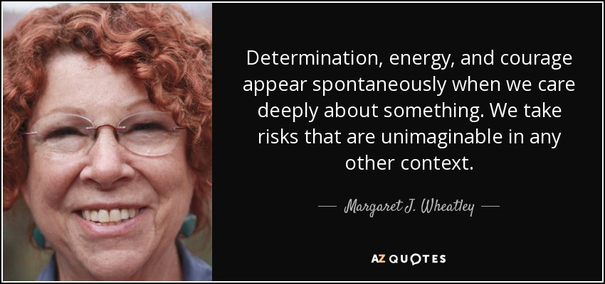 Determination, energy, and courage appear spontaneously when we care deeply about something. We take risks that are unimaginable in any other context. - Margaret J. Wheatley