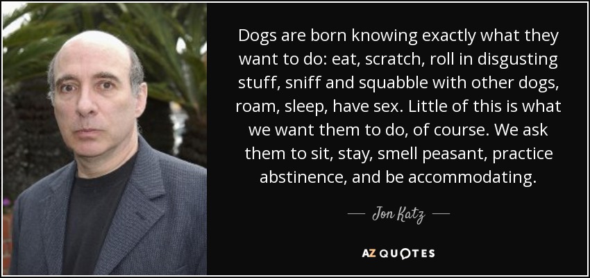 Dogs are born knowing exactly what they want to do: eat, scratch, roll in disgusting stuff, sniff and squabble with other dogs, roam, sleep, have sex. Little of this is what we want them to do, of course. We ask them to sit, stay, smell peasant, practice abstinence, and be accommodating. - Jon Katz