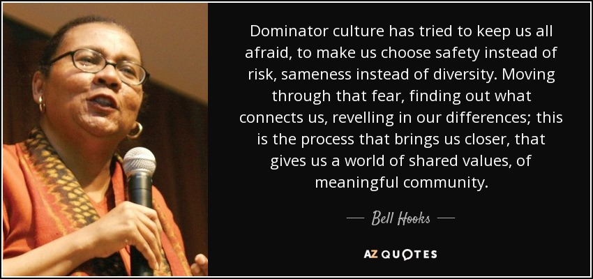 Dominator culture has tried to keep us all afraid, to make us choose safety instead of risk, sameness instead of diversity. Moving through that fear, finding out what connects us, revelling in our differences; this is the process that brings us closer, that gives us a world of shared values, of meaningful community. - Bell Hooks