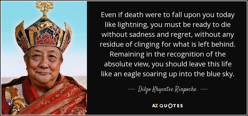 Even if death were to fall upon you today like lightning, you must be ready to die without sadness and regret, without any residue of clinging for what is left behind. Remaining in the recognition of the absolute view, you should leave this life like an eagle soaring up into the blue sky. - Dilgo Khyentse Rinpoche