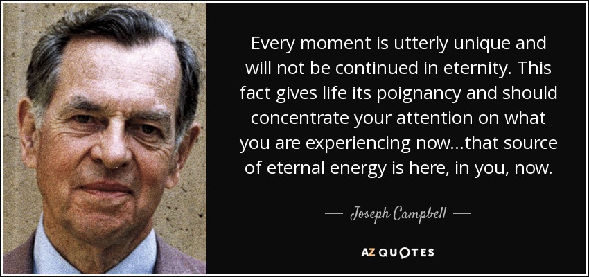 Every moment is utterly unique and will not be continued in eternity. This fact gives life its poignancy and should concentrate your attention on what you are experiencing now...that source of eternal energy is here, in you, now. - Joseph Campbell
