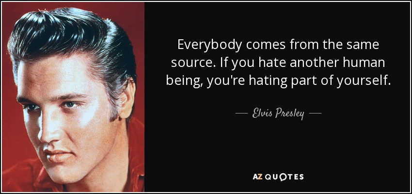 Todos procedemos de la misma fuente. Si odias a otro ser humano, estás odiando una parte de ti mismo. - Elvis Presley