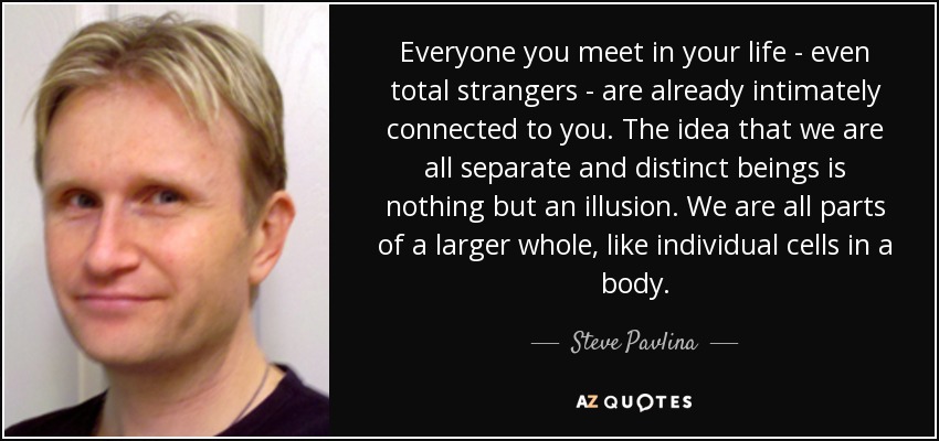 Everyone you meet in your life - even total strangers - are already intimately connected to you. The idea that we are all separate and distinct beings is nothing but an illusion. We are all parts of a larger whole, like individual cells in a body. - Steve Pavlina