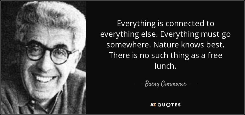 Everything is connected to everything else. Everything must go somewhere. Nature knows best. There is no such thing as a free lunch. - Barry Commoner