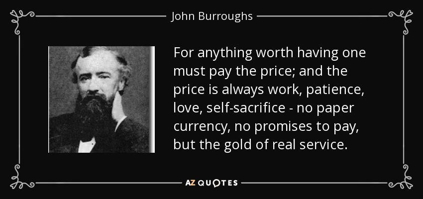 For anything worth having one must pay the price; and the price is always work, patience, love, self-sacrifice - no paper currency, no promises to pay, but the gold of real service. - John Burroughs