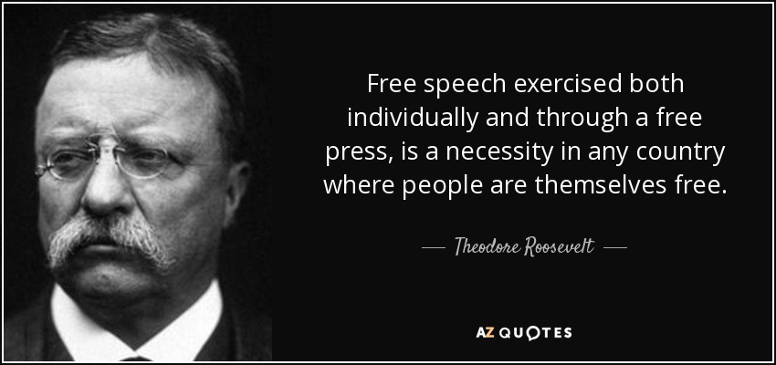 Free speech exercised both individually and through a free press, is a necessity in any country where people are themselves free. - Theodore Roosevelt