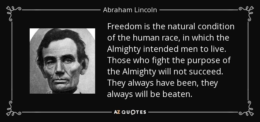 Freedom is the natural condition of the human race, in which the Almighty intended men to live. Those who fight the purpose of the Almighty will not succeed. They always have been, they always will be beaten. - Abraham Lincoln
