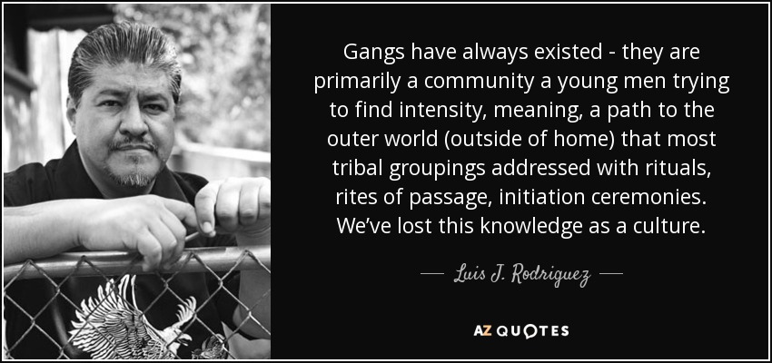 Gangs have always existed - they are primarily a community a young men trying to find intensity, meaning, a path to the outer world (outside of home) that most tribal groupings addressed with rituals, rites of passage, initiation ceremonies. We’ve lost this knowledge as a culture. - Luis J. Rodriguez