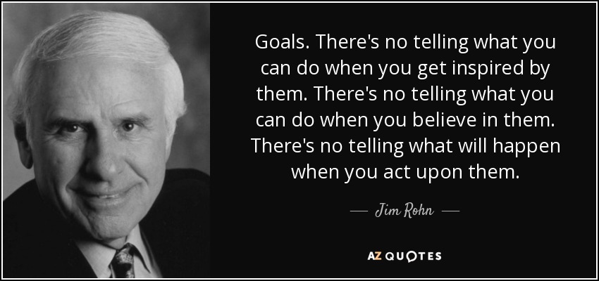 Goals. There's no telling what you can do when you get inspired by them. There's no telling what you can do when you believe in them. There's no telling what will happen when you act upon them. - Jim Rohn