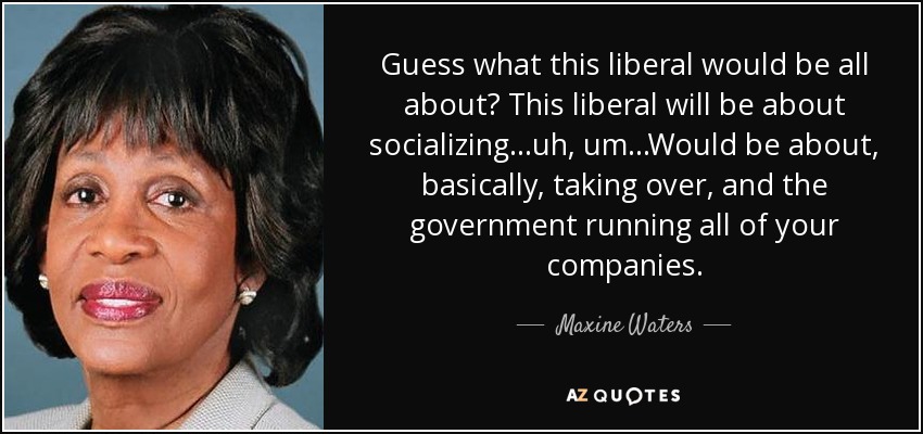 Guess what this liberal would be all about? This liberal will be about socializing...uh, um...Would be about, basically, taking over, and the government running all of your companies. - Maxine Waters